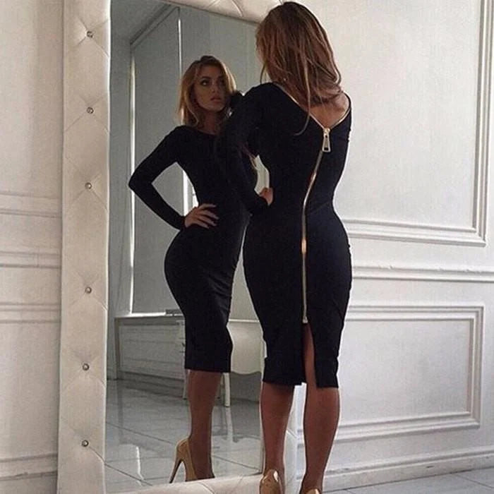 Kiley | Women’s Long Sleeve Back Zip Bodycon Knee Length Dress