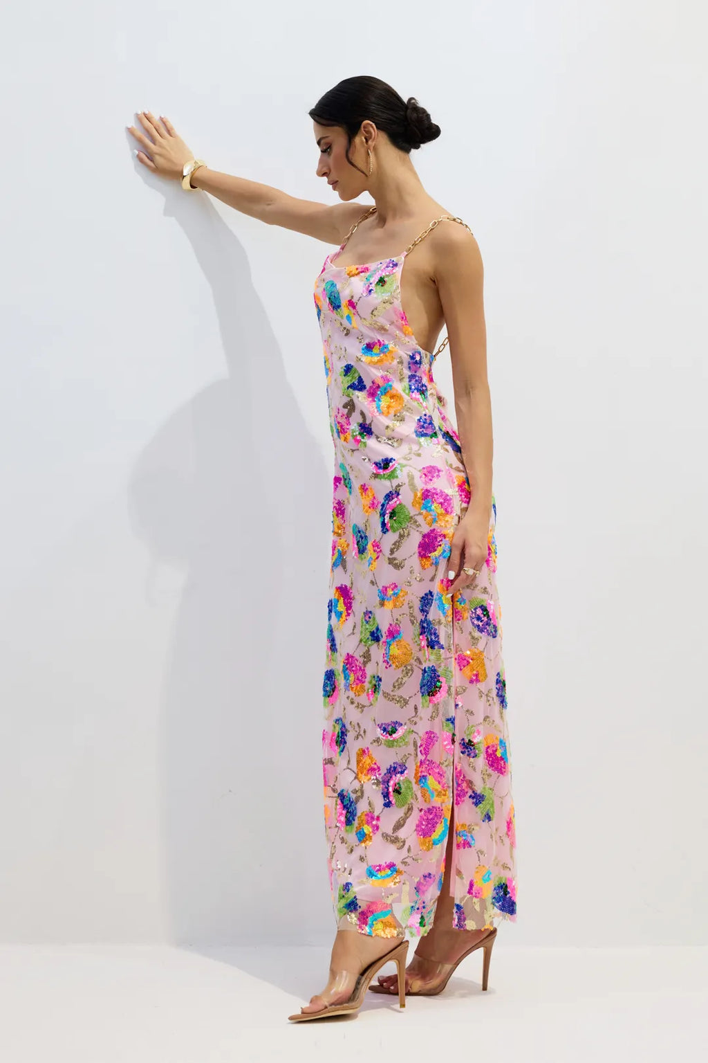 Kira | Women’s Floral Sequin Backless High Slit Maxi Dress