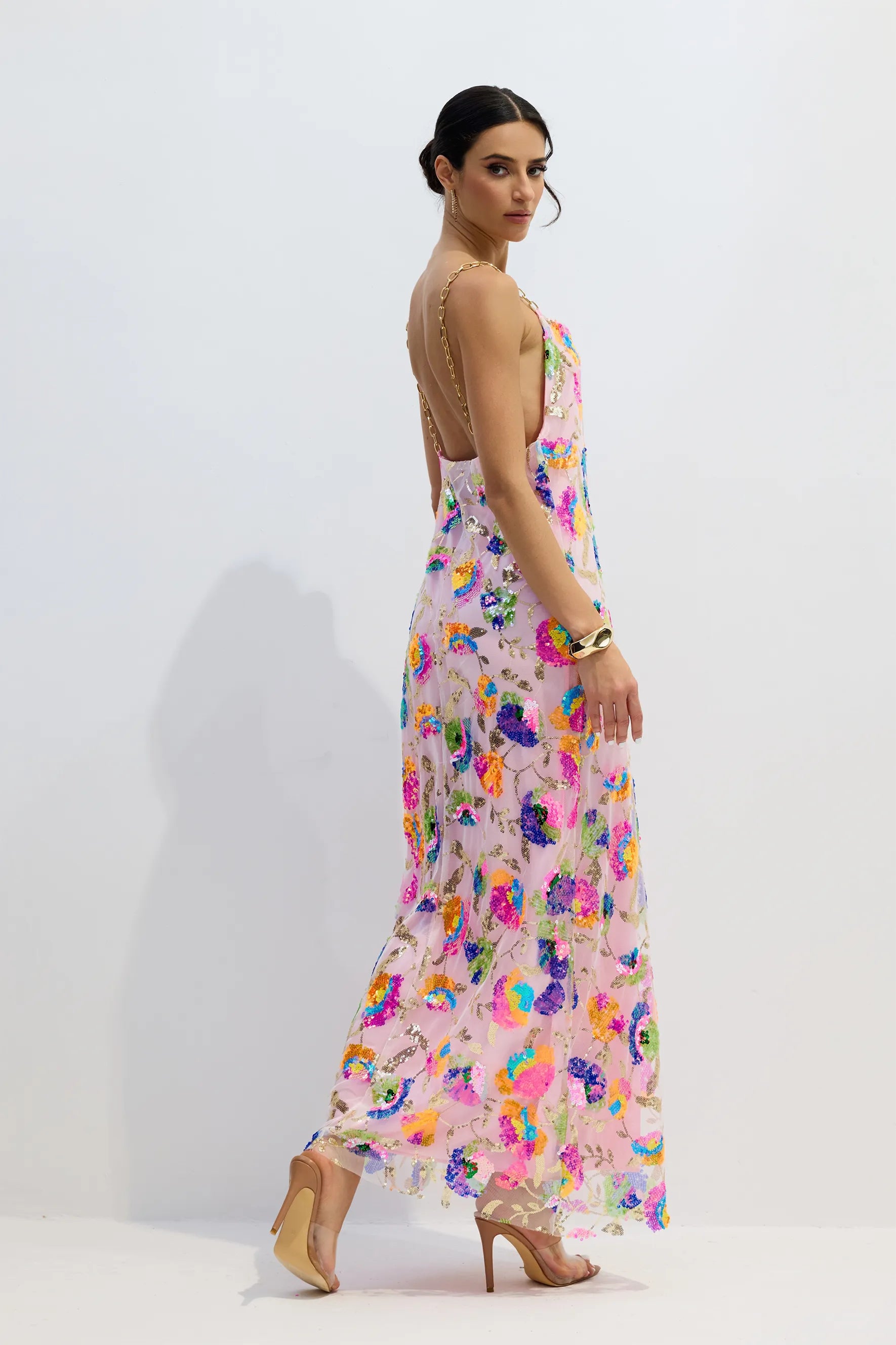 Kira | Women’s Floral Sequin Backless High Slit Maxi Dress