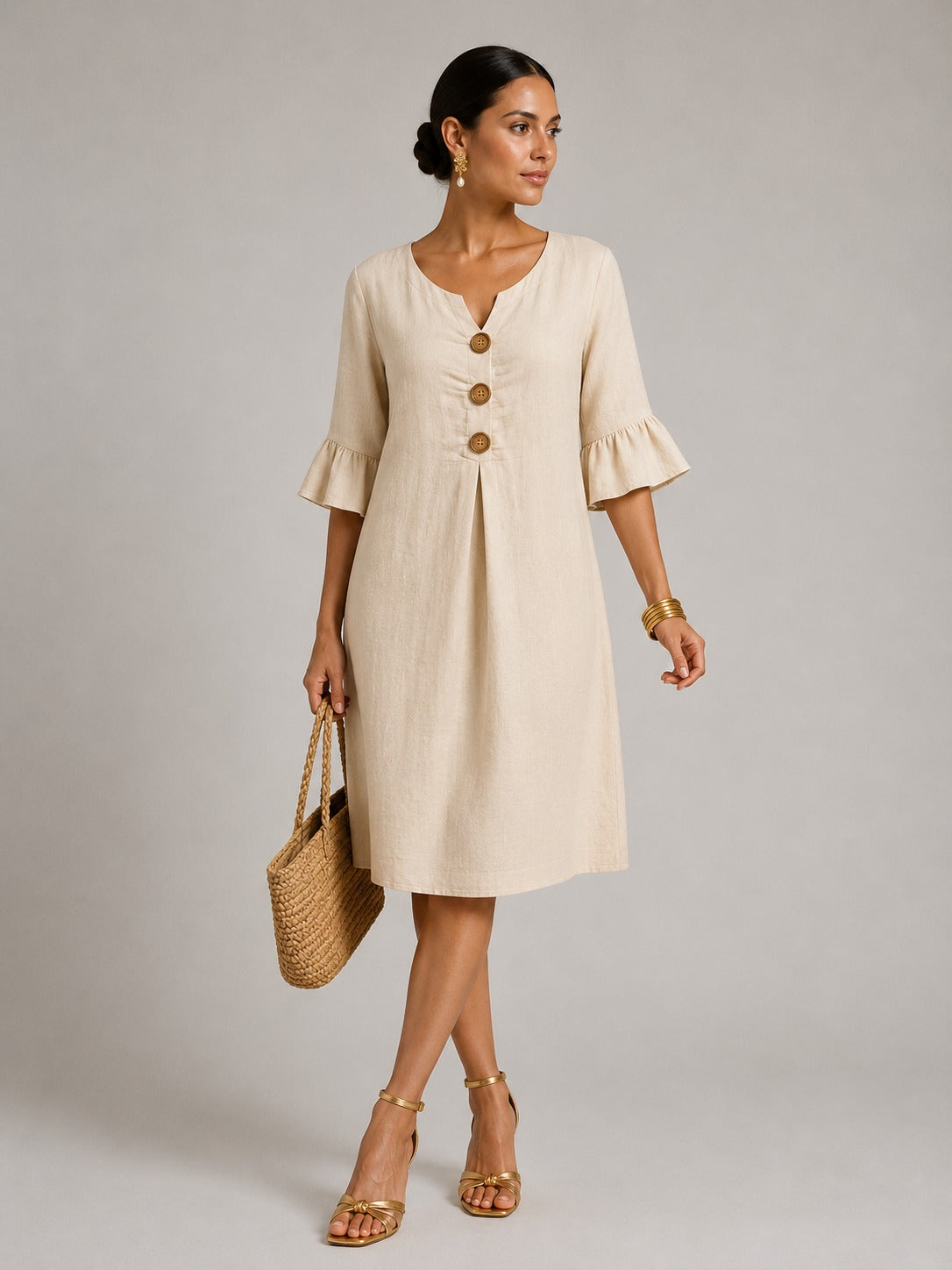 Kristin | Women’s V Neck Flutter Sleeve Button Midi Dress