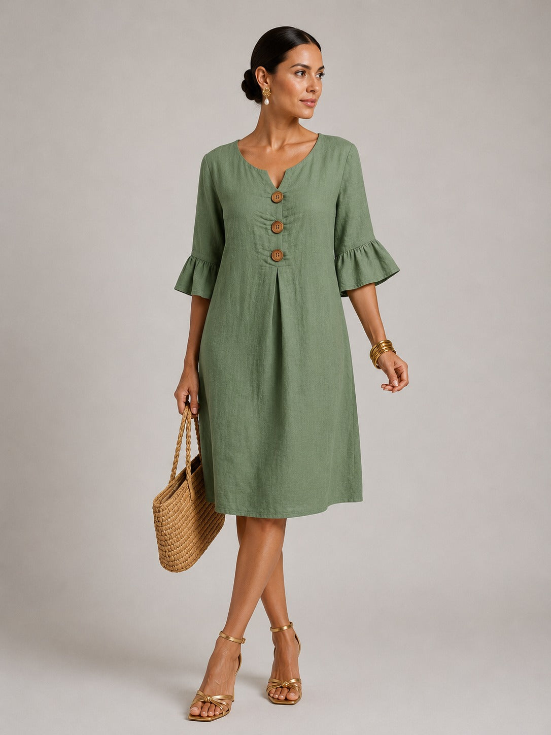 Kristin | Women’s V Neck Flutter Sleeve Button Midi Dress
