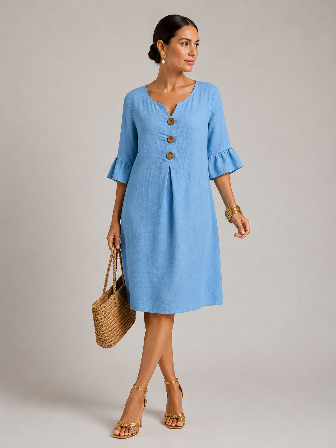 Kristin | Women’s V Neck Flutter Sleeve Button Midi Dress