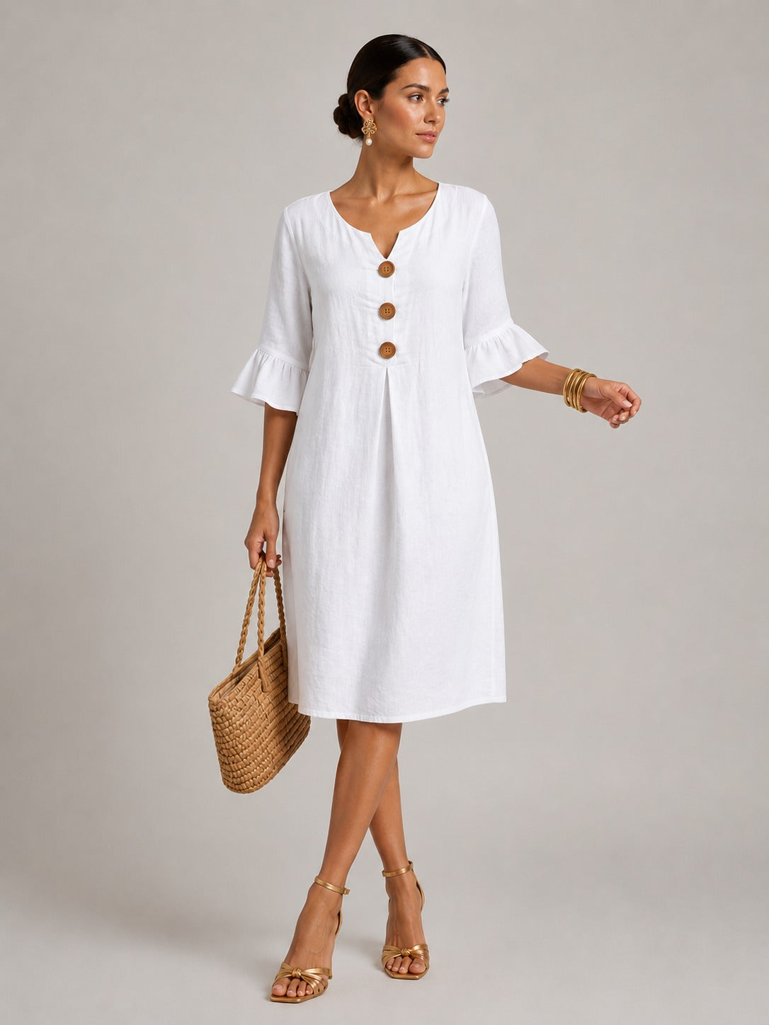 Kristin | Women’s V Neck Flutter Sleeve Button Midi Dress