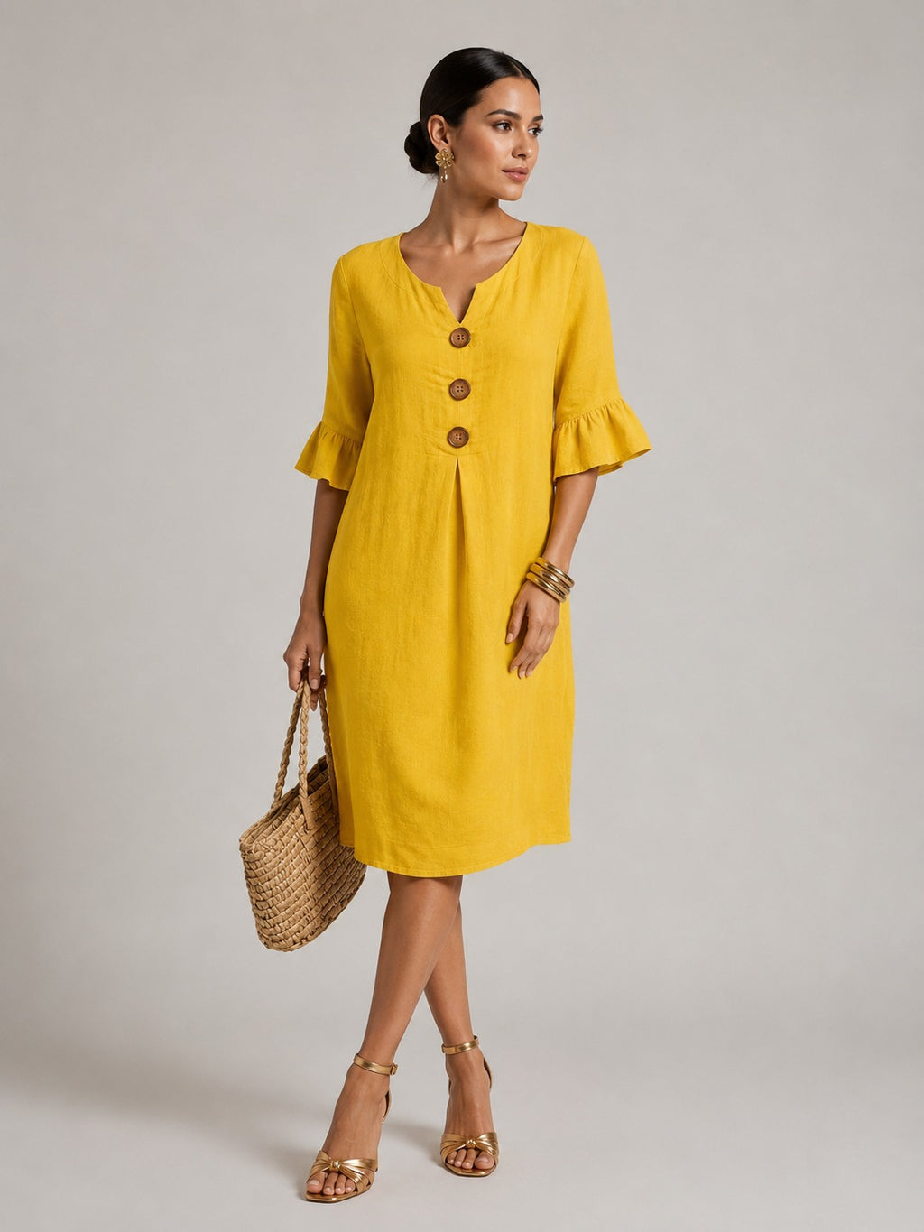 Kristin | Women’s V Neck Flutter Sleeve Button Midi Dress