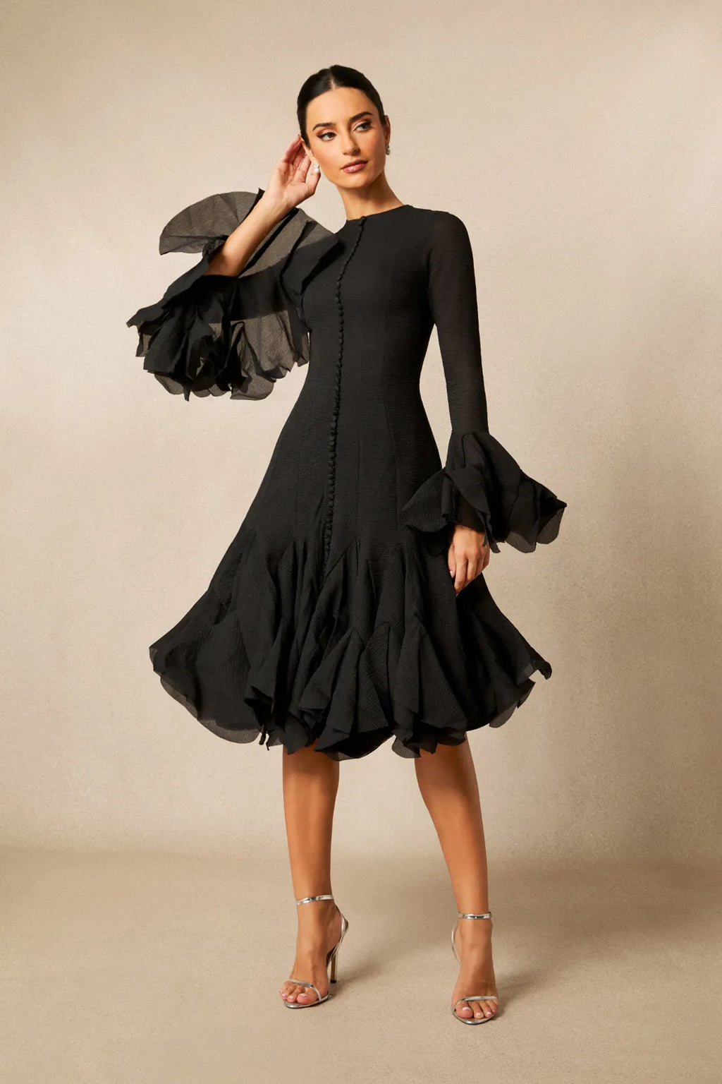 Lara | Women’s Long Sleeve Flared Round Neck Knee Length Dress