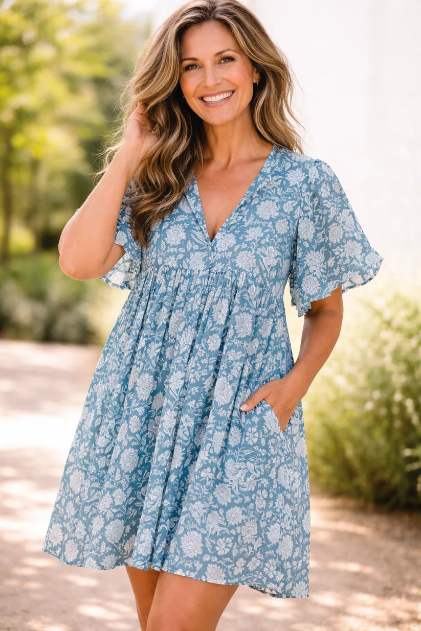 Leah | Women’s Floral Blouson Sleeve V Neck Tiered Mini Dress
