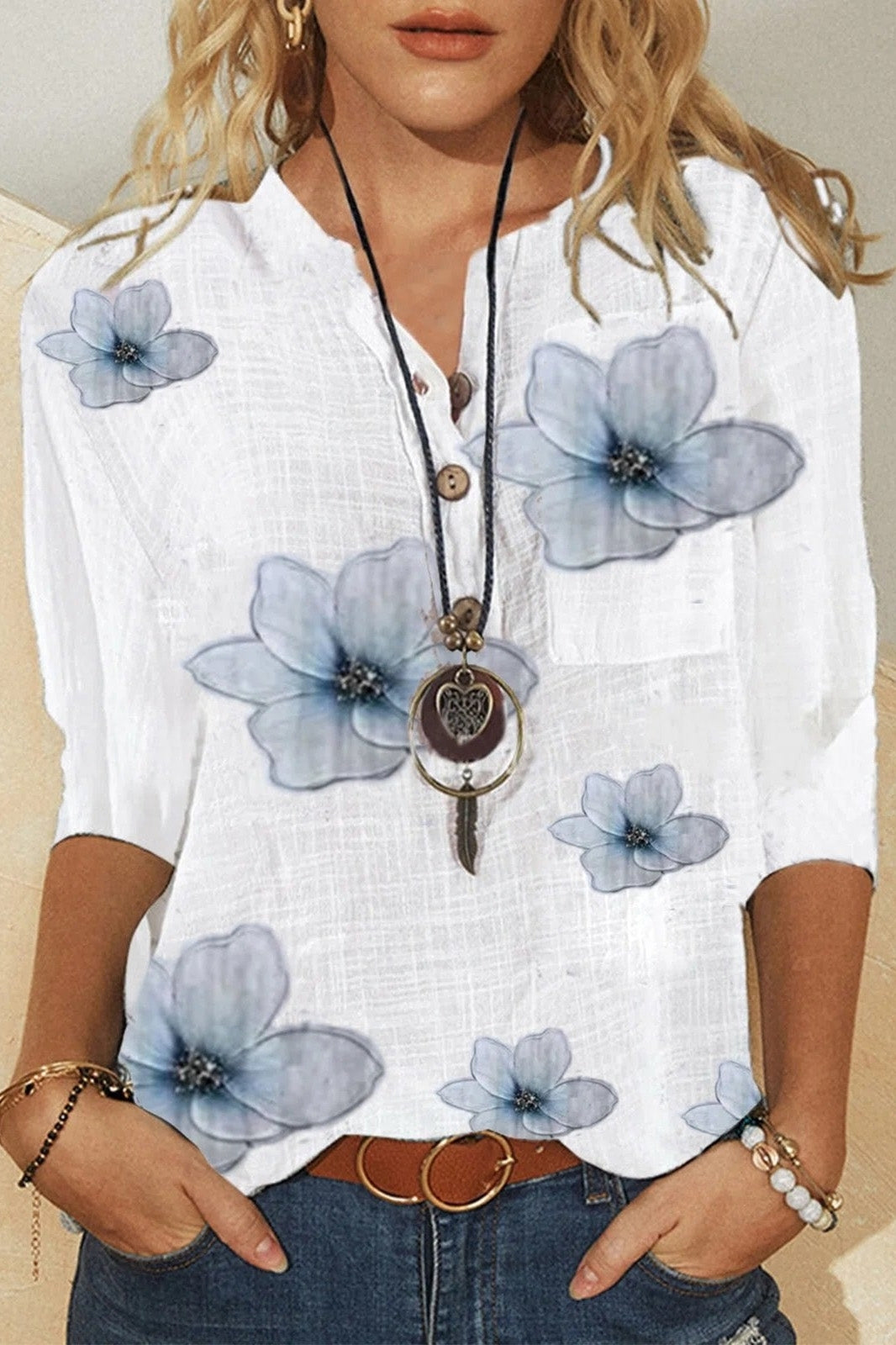 Leslie | Women's Floral Button Front V-Neck Half Sleeve Blouse