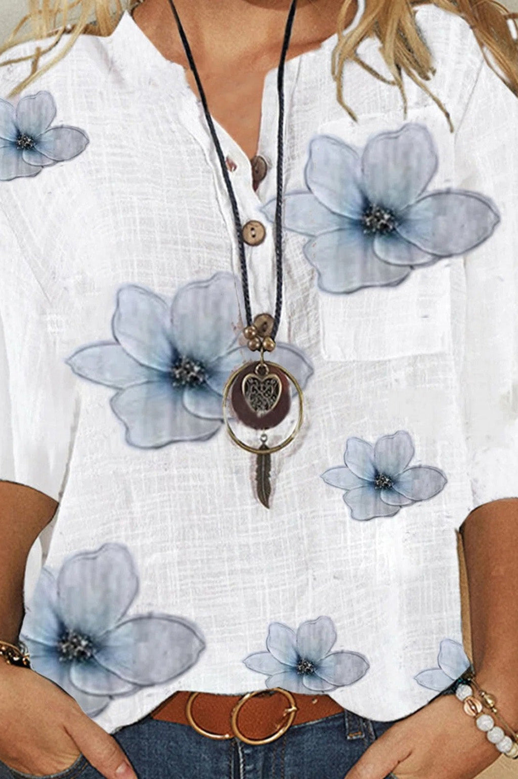 Leslie | Women's Floral Button Front V-Neck Half Sleeve Blouse