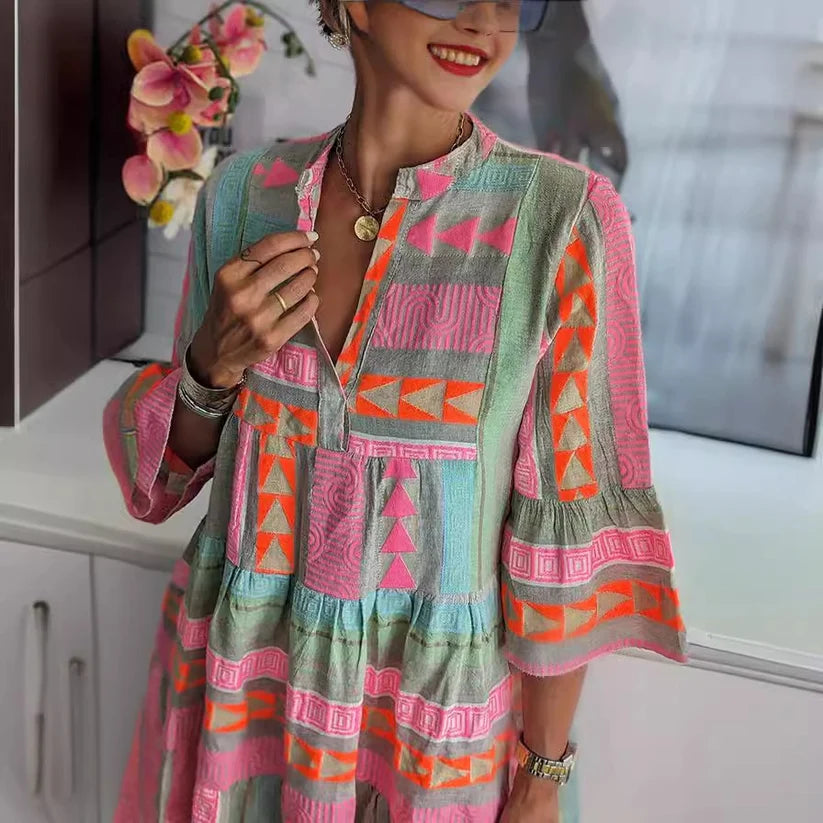 Lina | Women’s Geometric Print Short Sleeve Knee Length Dress