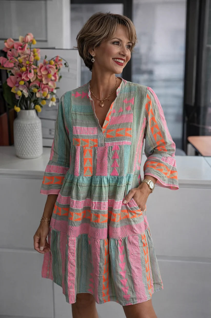 Lina | Women’s Geometric Print Short Sleeve Knee Length Dress