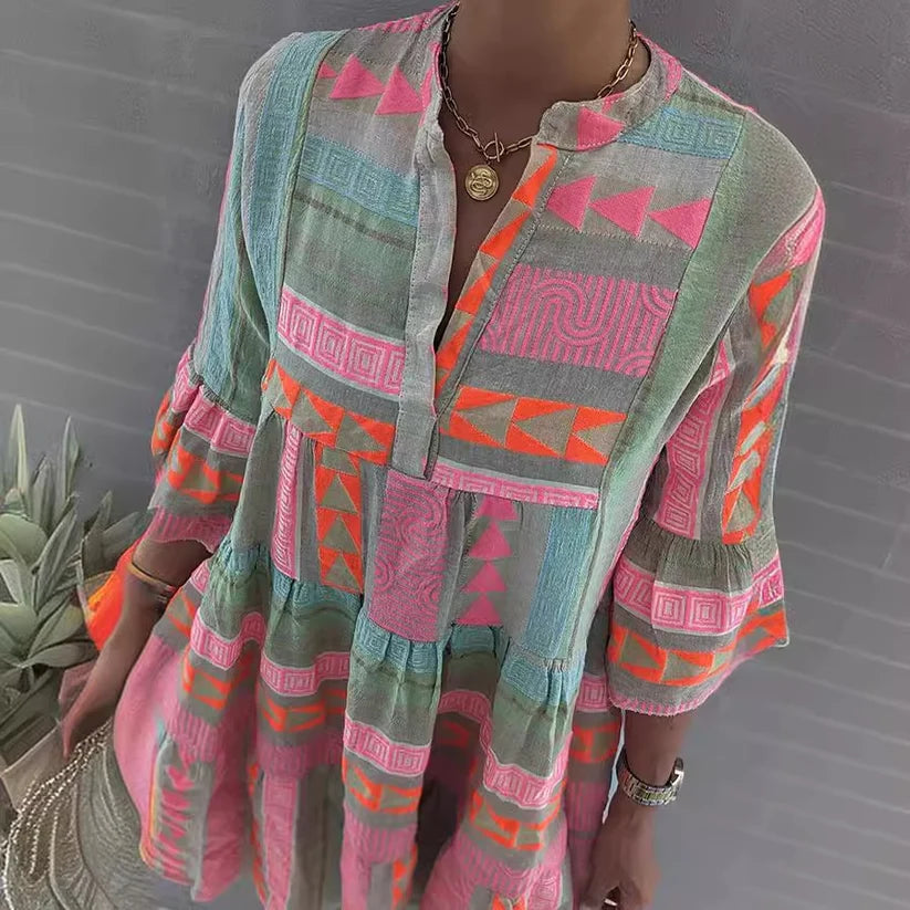 Lina | Women’s Geometric Print Short Sleeve Knee Length Dress