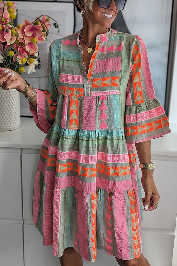 Lina | Women’s Geometric Print Short Sleeve Knee Length Dress