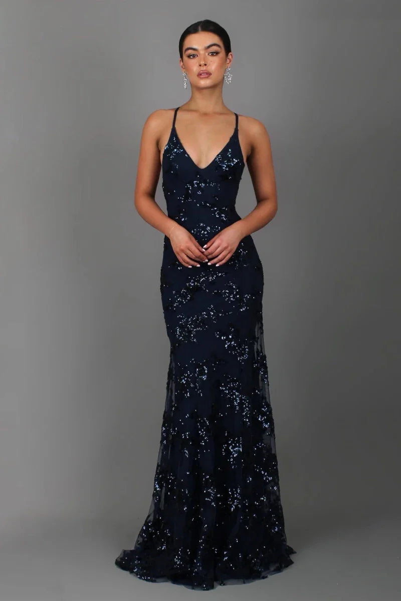 Linda | Women’s Open Back V-Neck Evening Maxi Dress