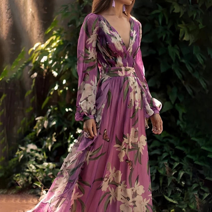 Lisa | Women's V Neck Long Sleeve Floral Maxi Dress