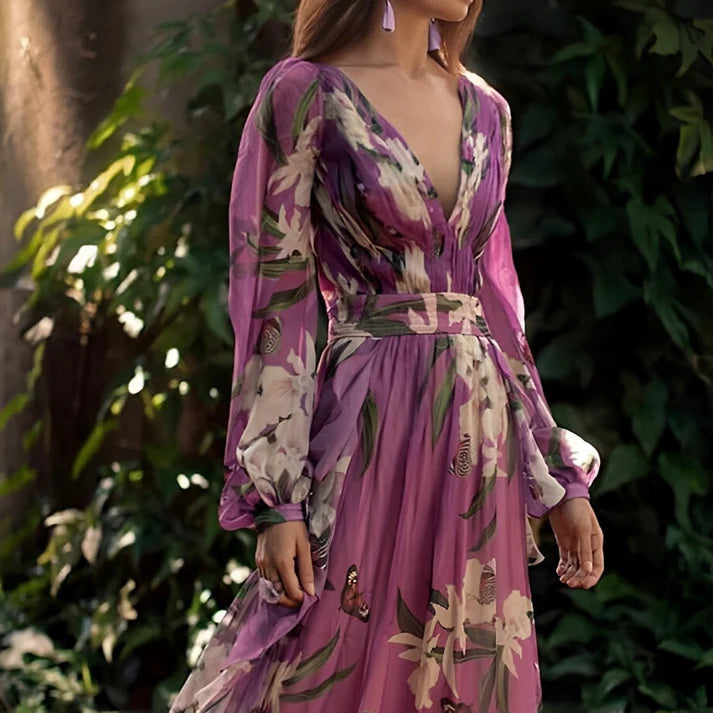 Lisa | Women's V Neck Long Sleeve Floral Maxi Dress