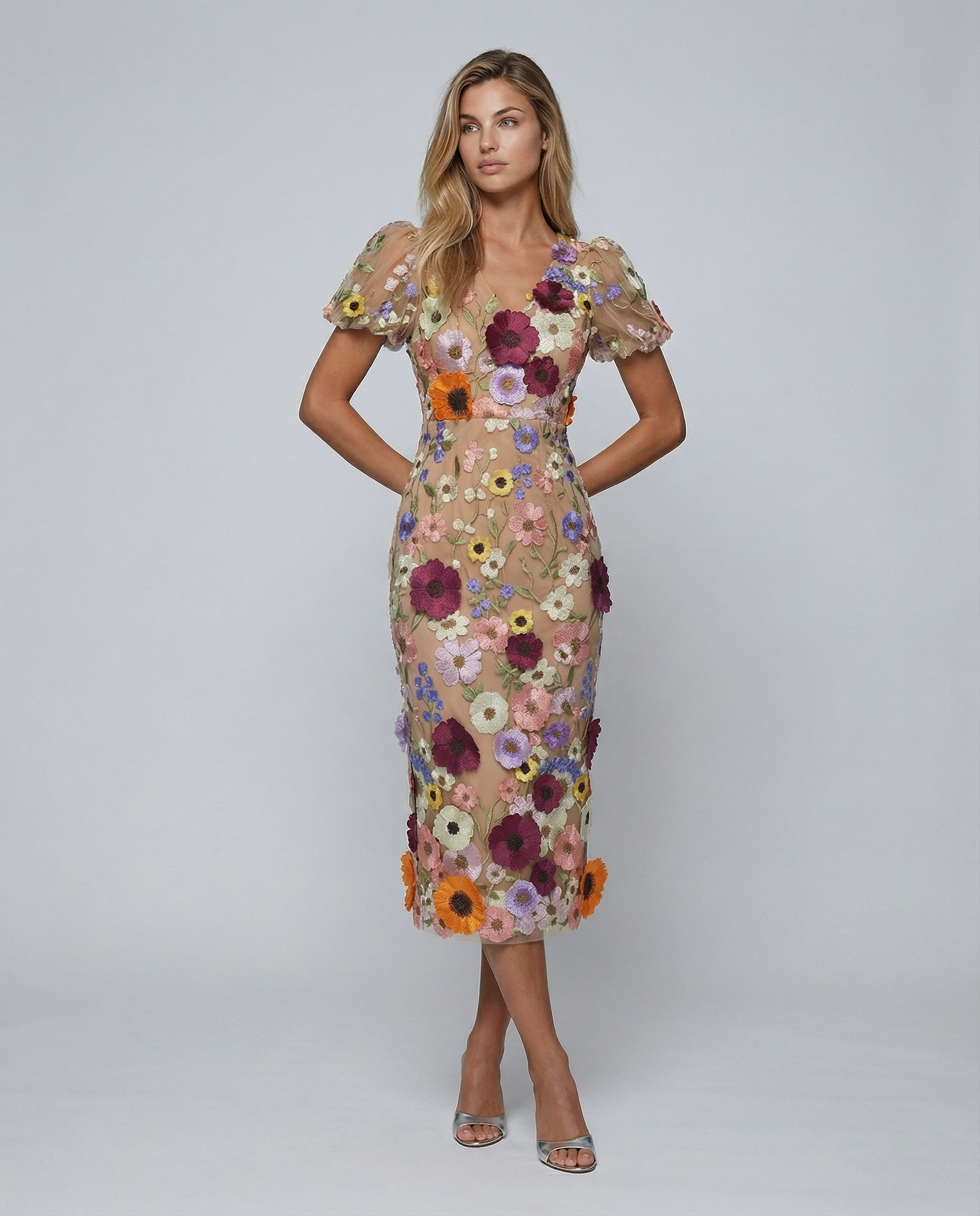 Lucinda | Women's V Neck Floral Wedding Guest Midi Dress