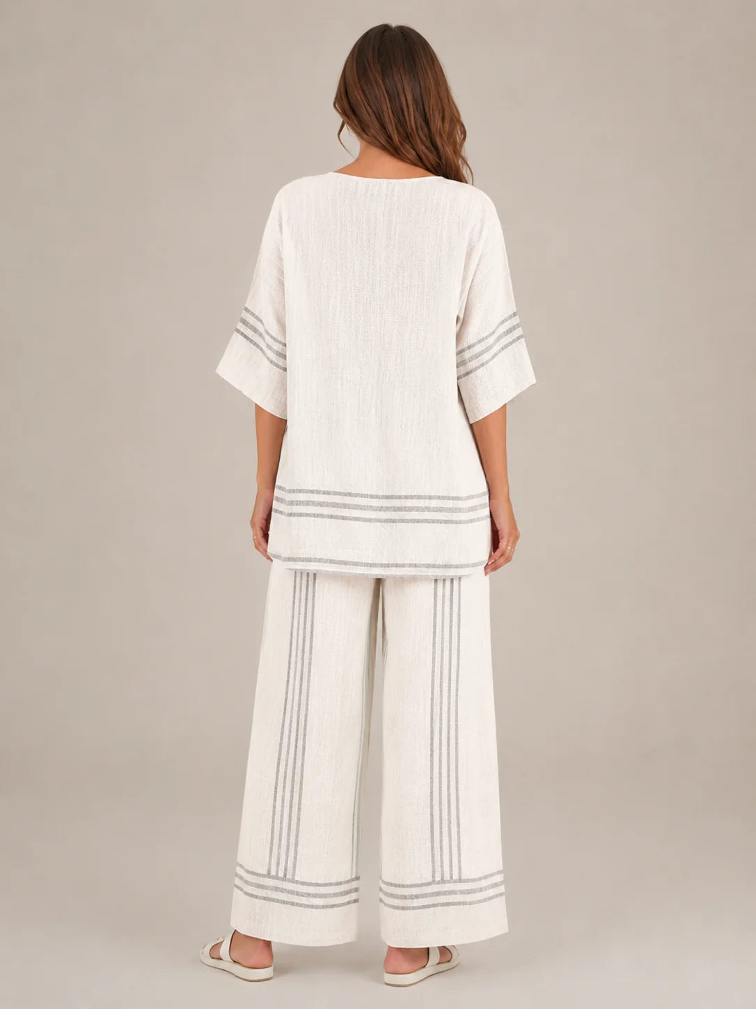 Macy | Women’s Striped Scoop Neck Wide Leg Two Piece Set