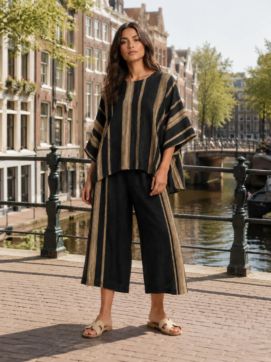 Macy | Women’s Striped Scoop Neck Wide Leg Two Piece Set
