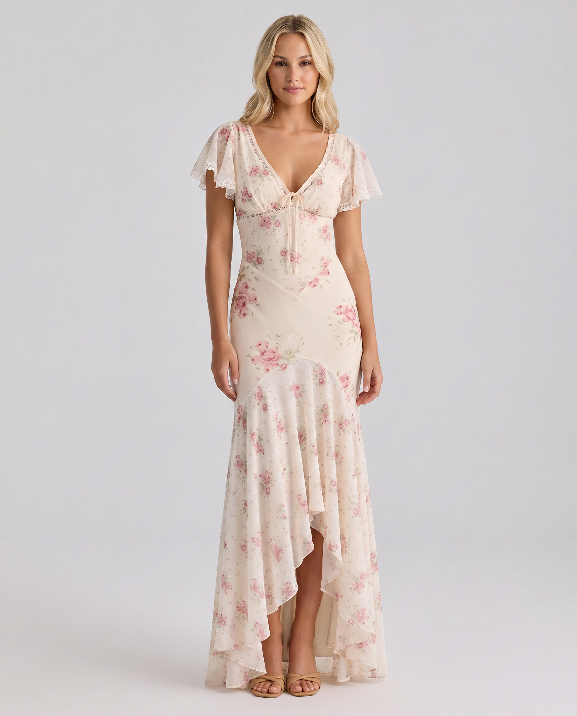 Madilyn | Women's Floral Print V Neck Asymmetrical Maxi Dress