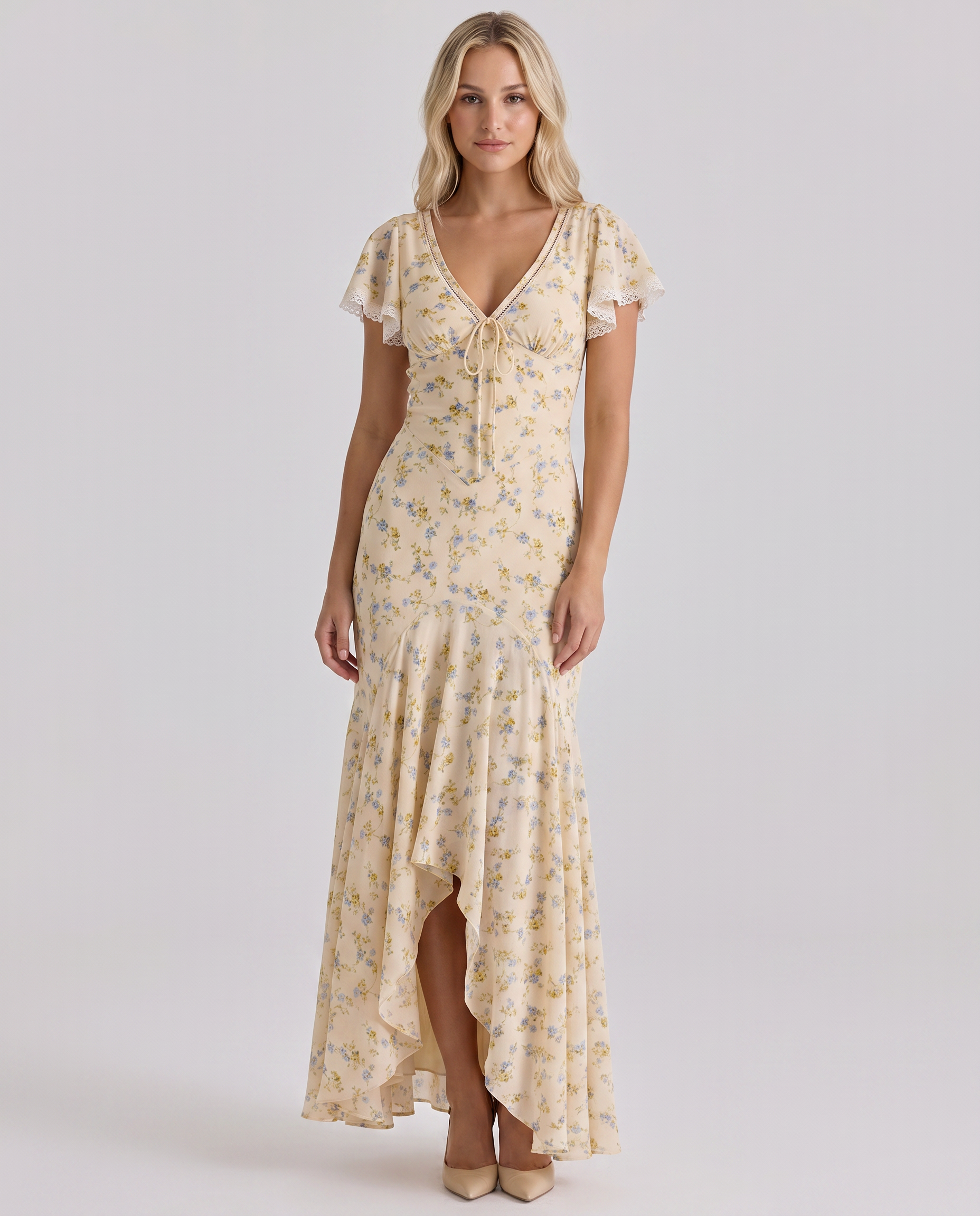 Madilyn | Women's Floral Print V Neck Asymmetrical Maxi Dress