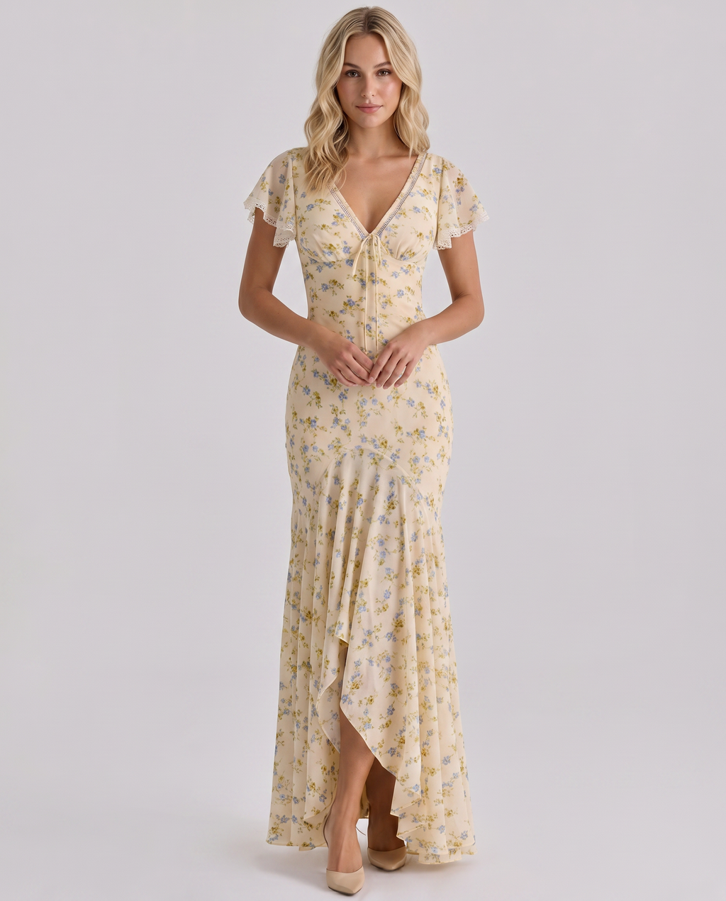 Madilyn | Women's Floral Print V Neck Asymmetrical Maxi Dress