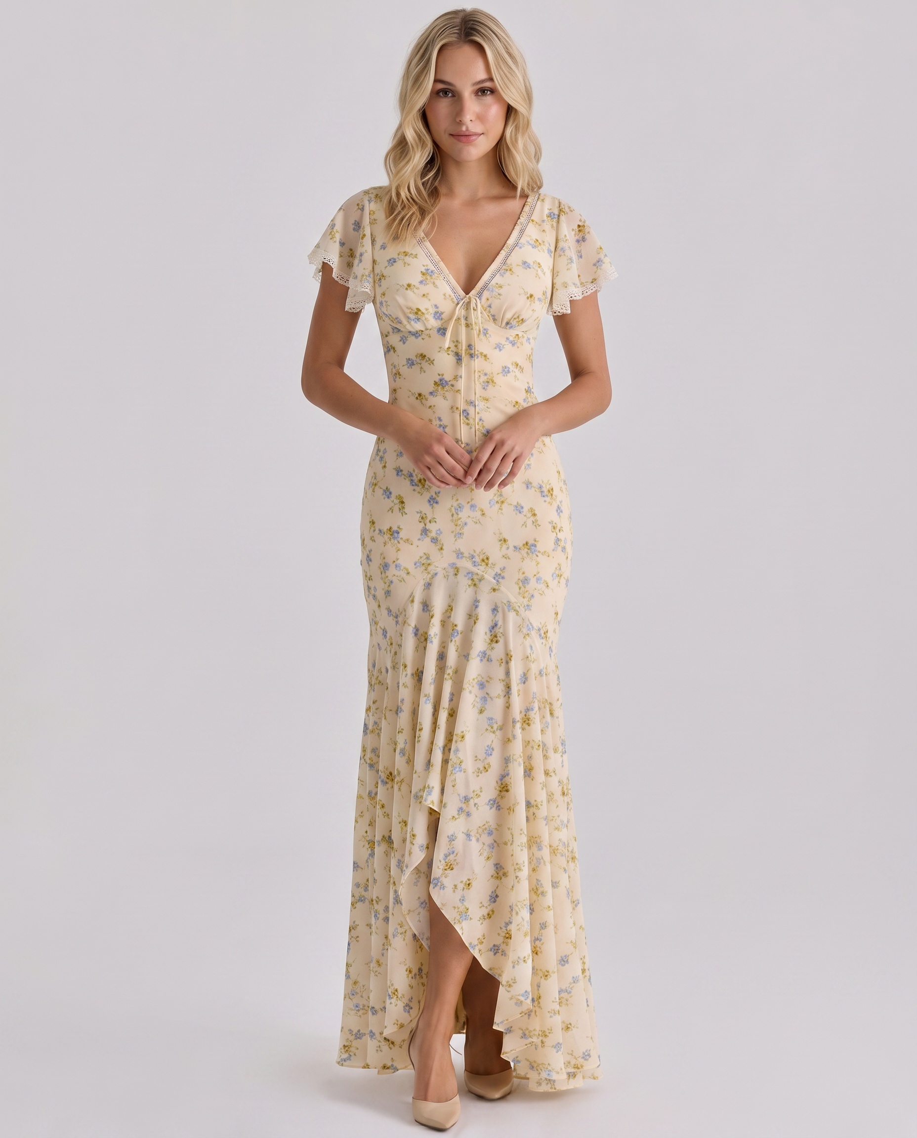 Madilyn | Women's Floral Print V Neck Asymmetrical Maxi Dress