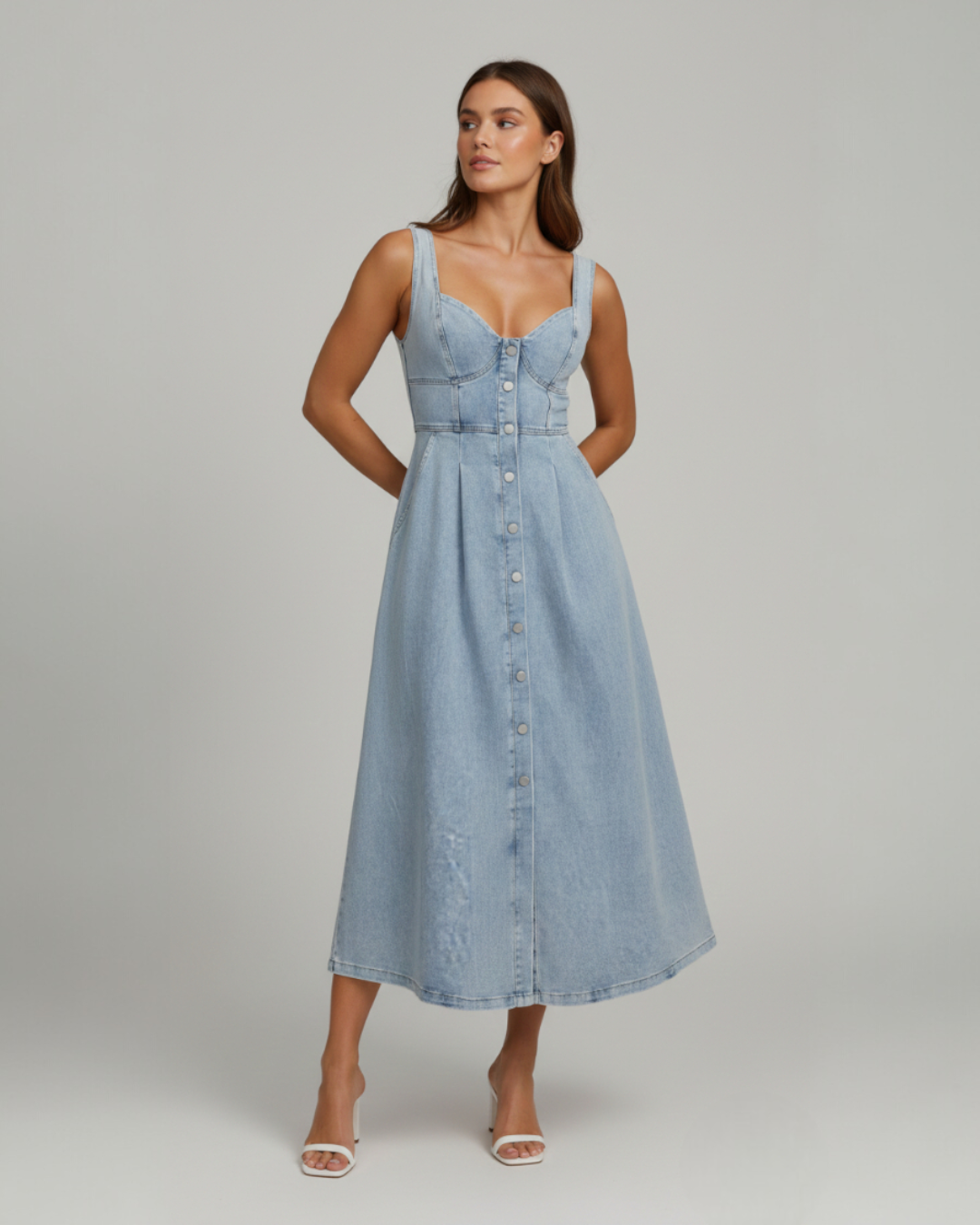 Mariah | Women's Fitted Button Front Denim Midi Dress