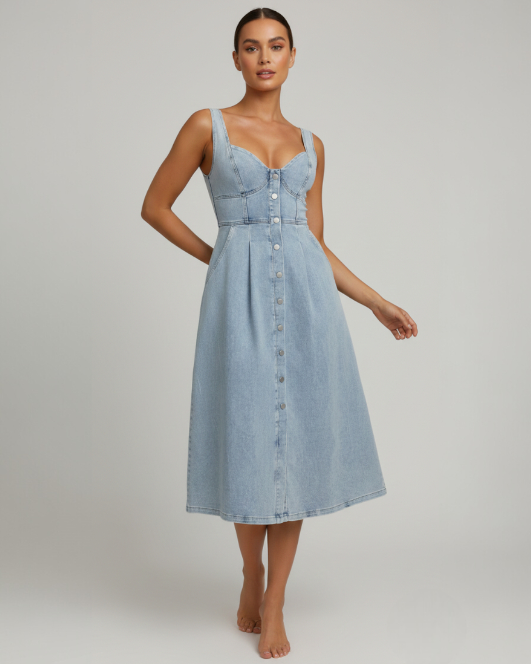 Mariah | Women's Fitted Button Front Denim Midi Dress