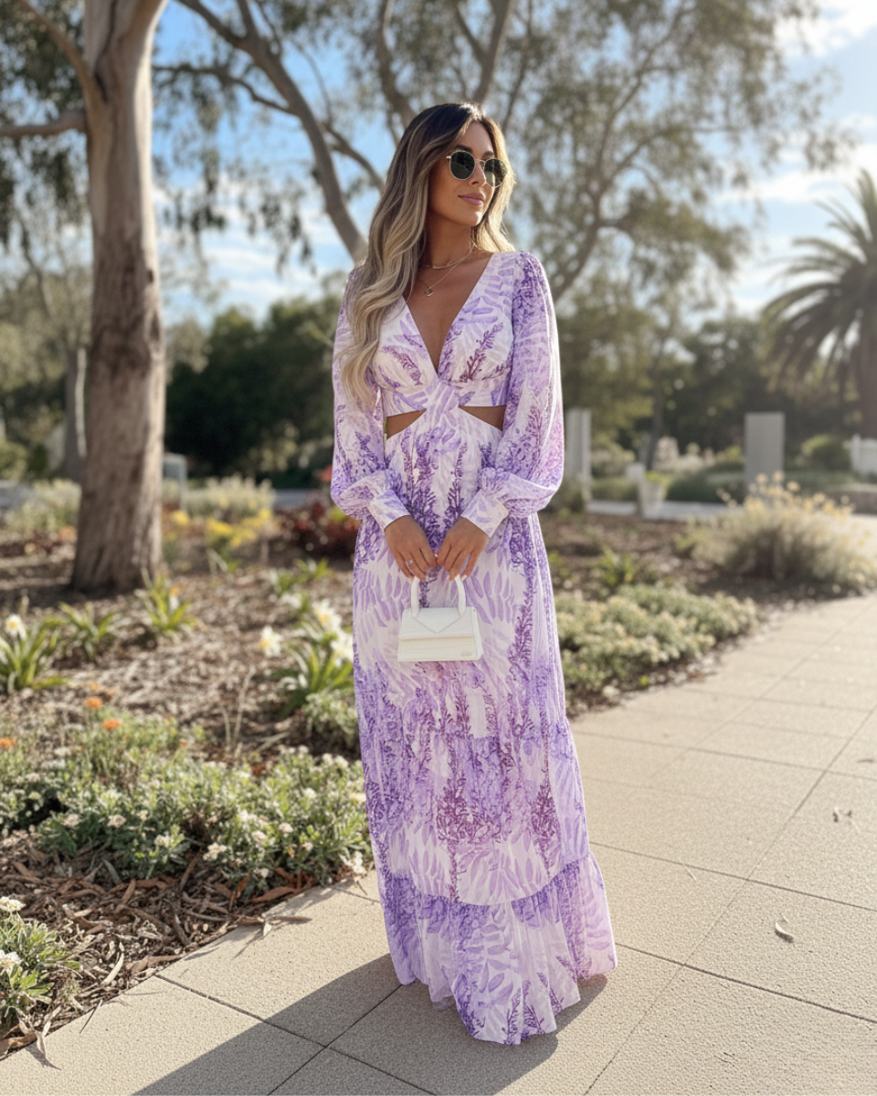 Marianne | Women's Printed Cut Out Long Sleeve Flowy Maxi Dress