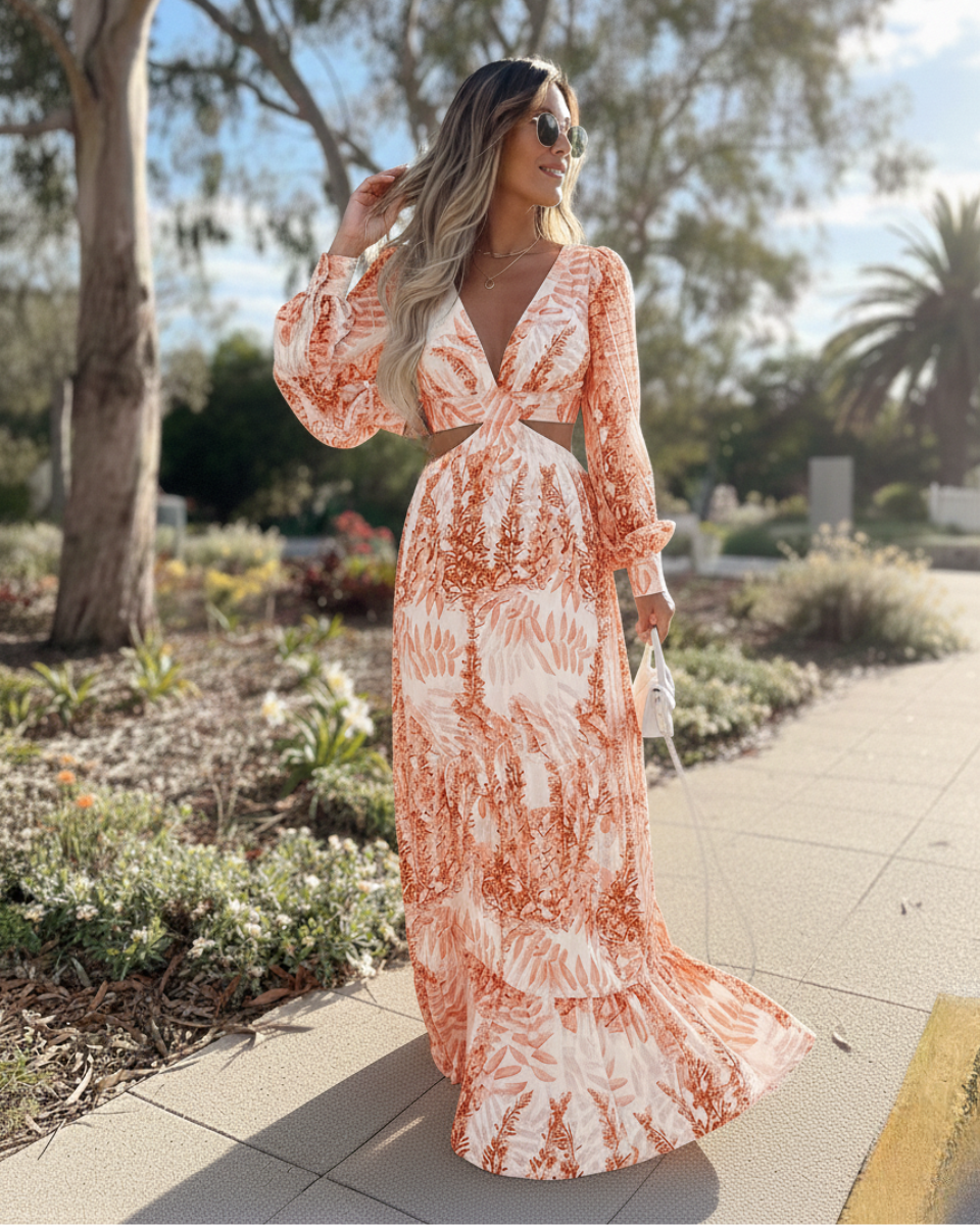 Marianne | Women's Printed Cut Out Long Sleeve Flowy Maxi Dress