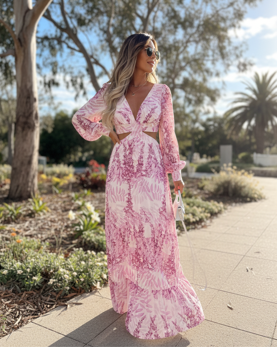Marianne | Women's Printed Cut Out Long Sleeve Flowy Maxi Dress