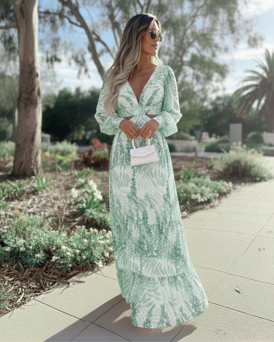 Marianne | Women's Printed Cut Out Long Sleeve Flowy Maxi Dress