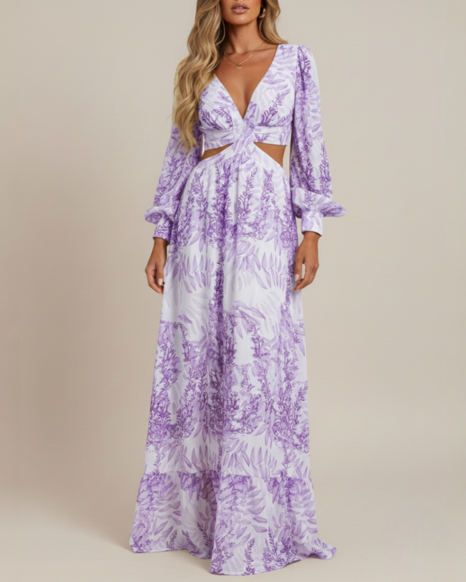Marianne | Women's Printed Cut Out Long Sleeve Flowy Maxi Dress