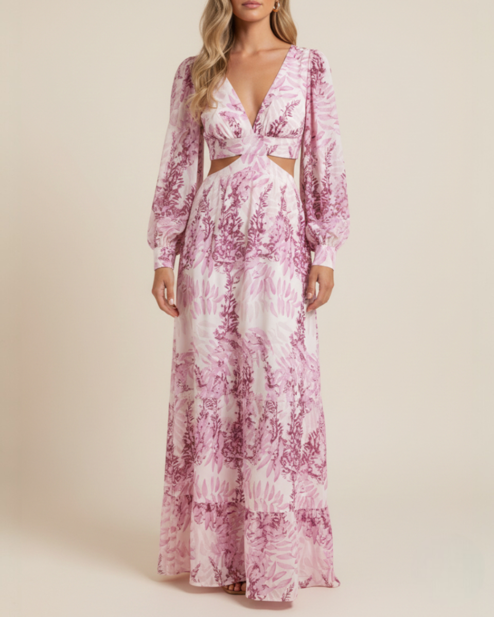 Marianne | Women's Printed Cut Out Long Sleeve Flowy Maxi Dress