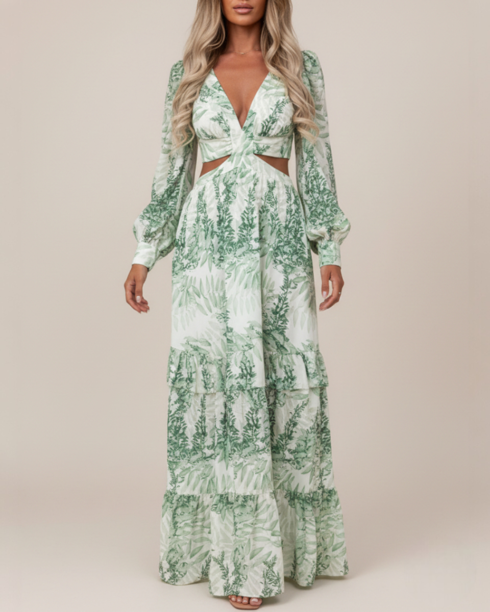 Marianne | Women's Printed Cut Out Long Sleeve Flowy Maxi Dress