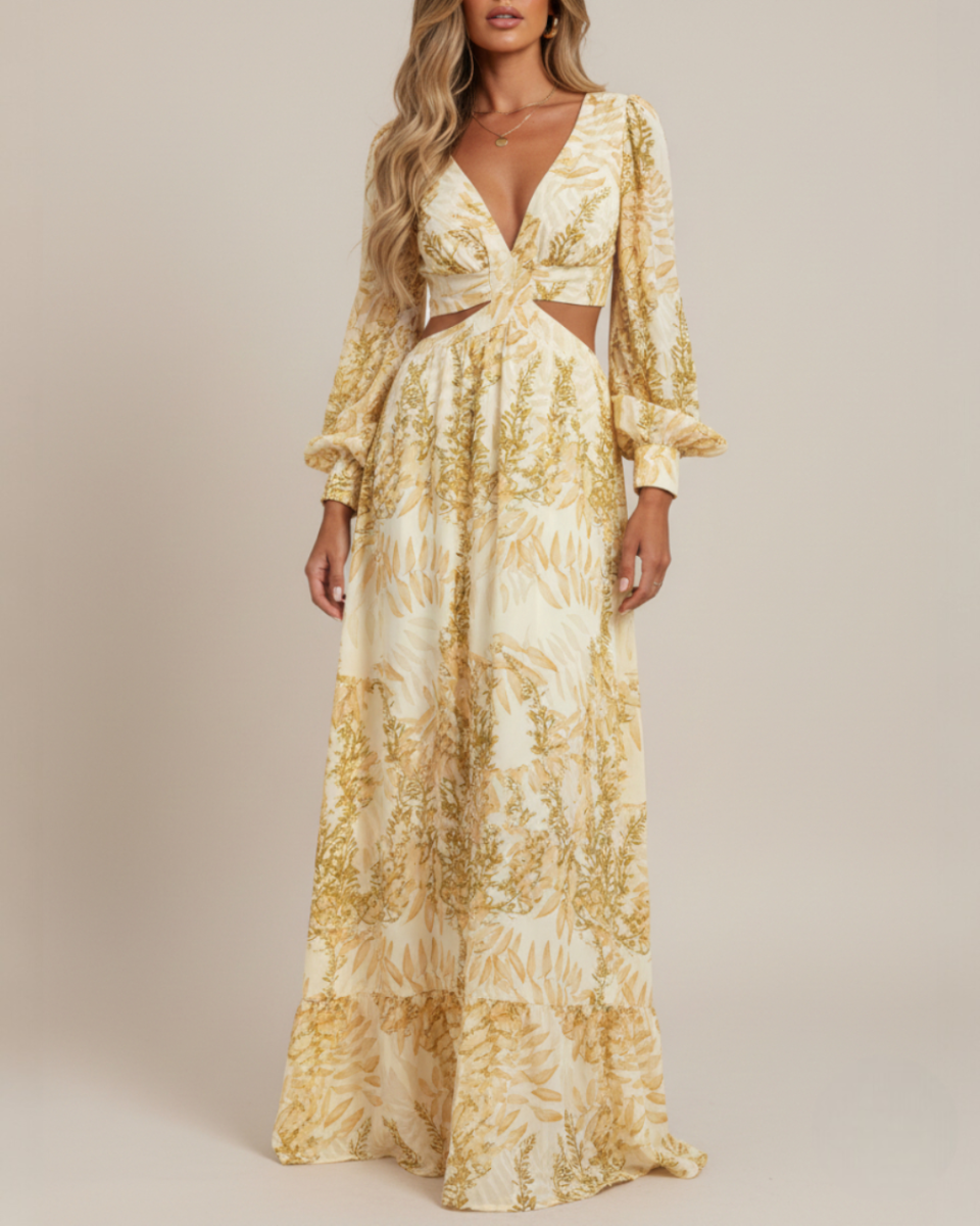 Marianne | Women's Printed Cut Out Long Sleeve Flowy Maxi Dress