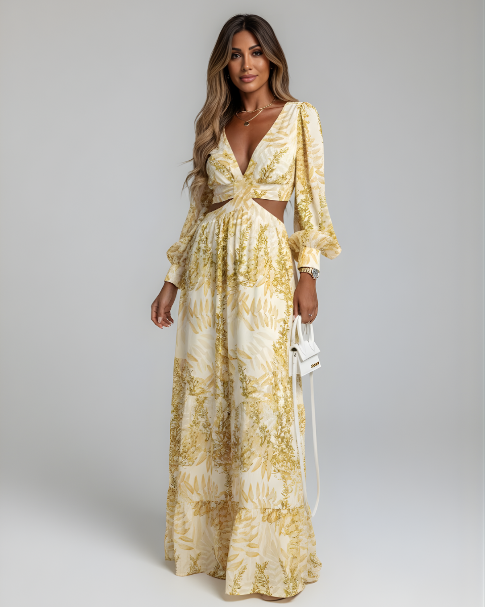 Marianne | Women's Printed Cut Out Long Sleeve Flowy Maxi Dress