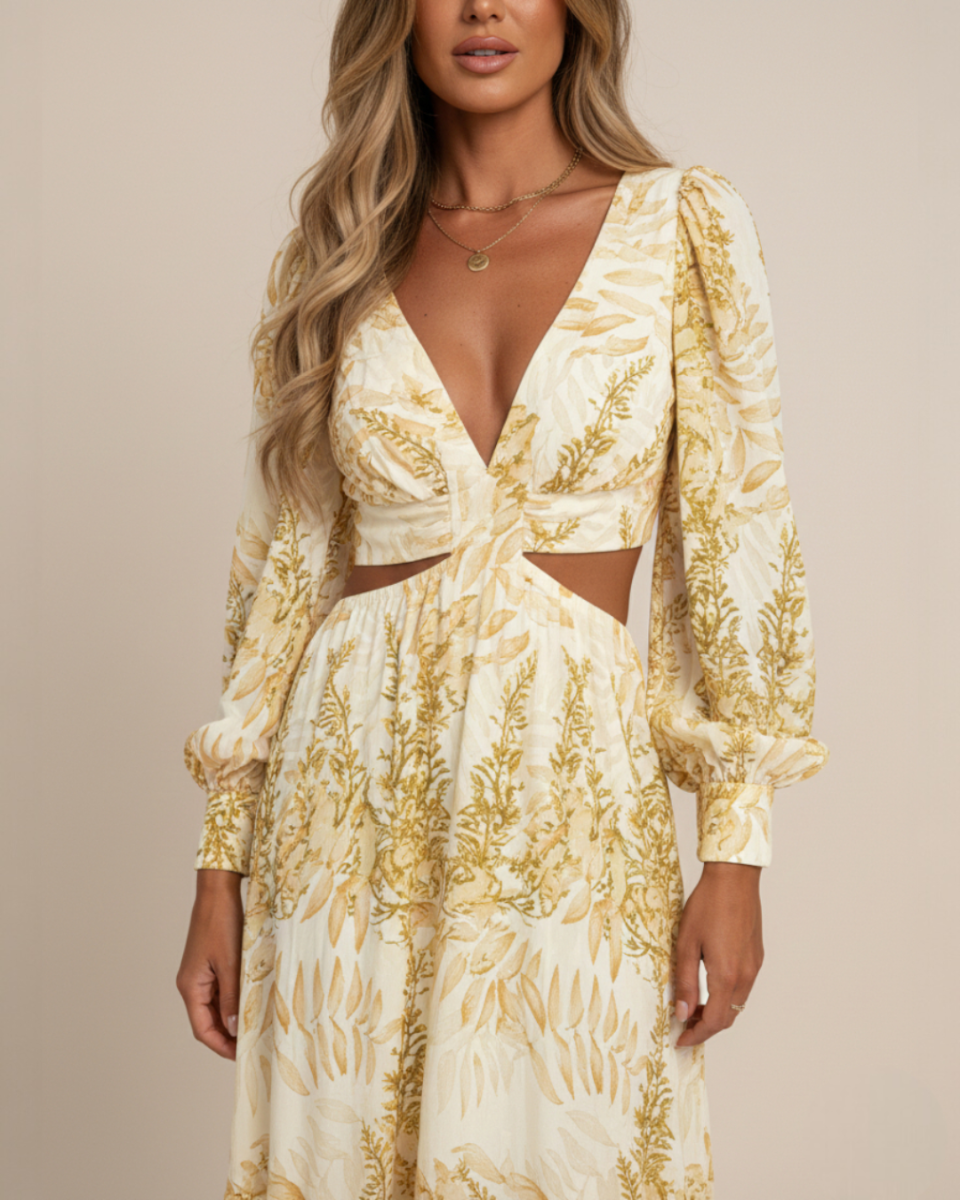 Marianne | Women's Printed Cut Out Long Sleeve Flowy Maxi Dress
