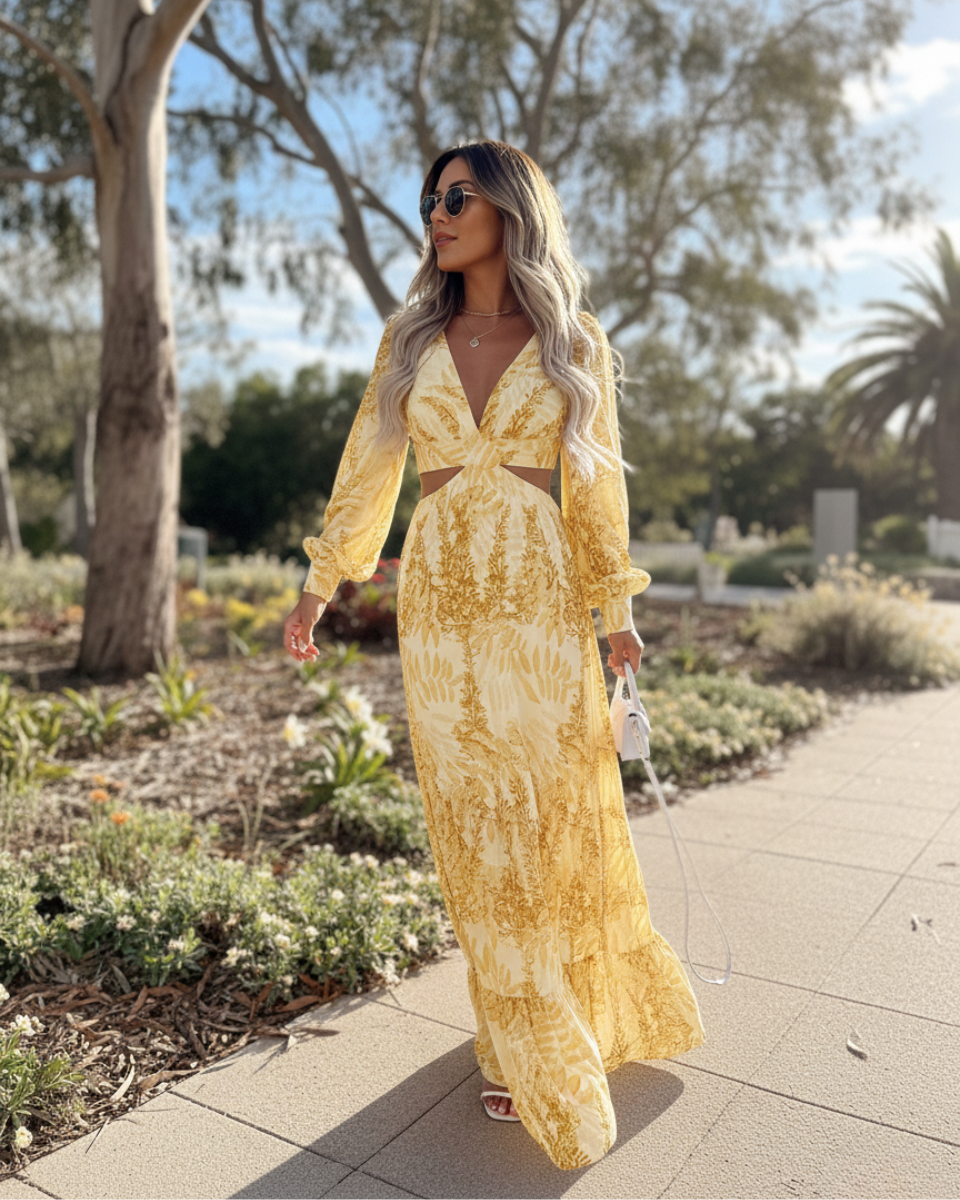 Marianne | Women's Printed Cut Out Long Sleeve Flowy Maxi Dress