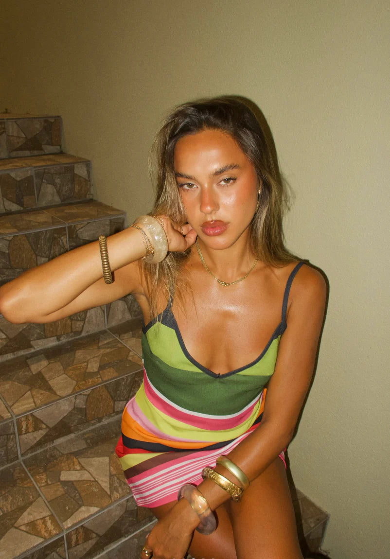 Marisa | Women's Striped V-Neck Grad Party Mini Dress