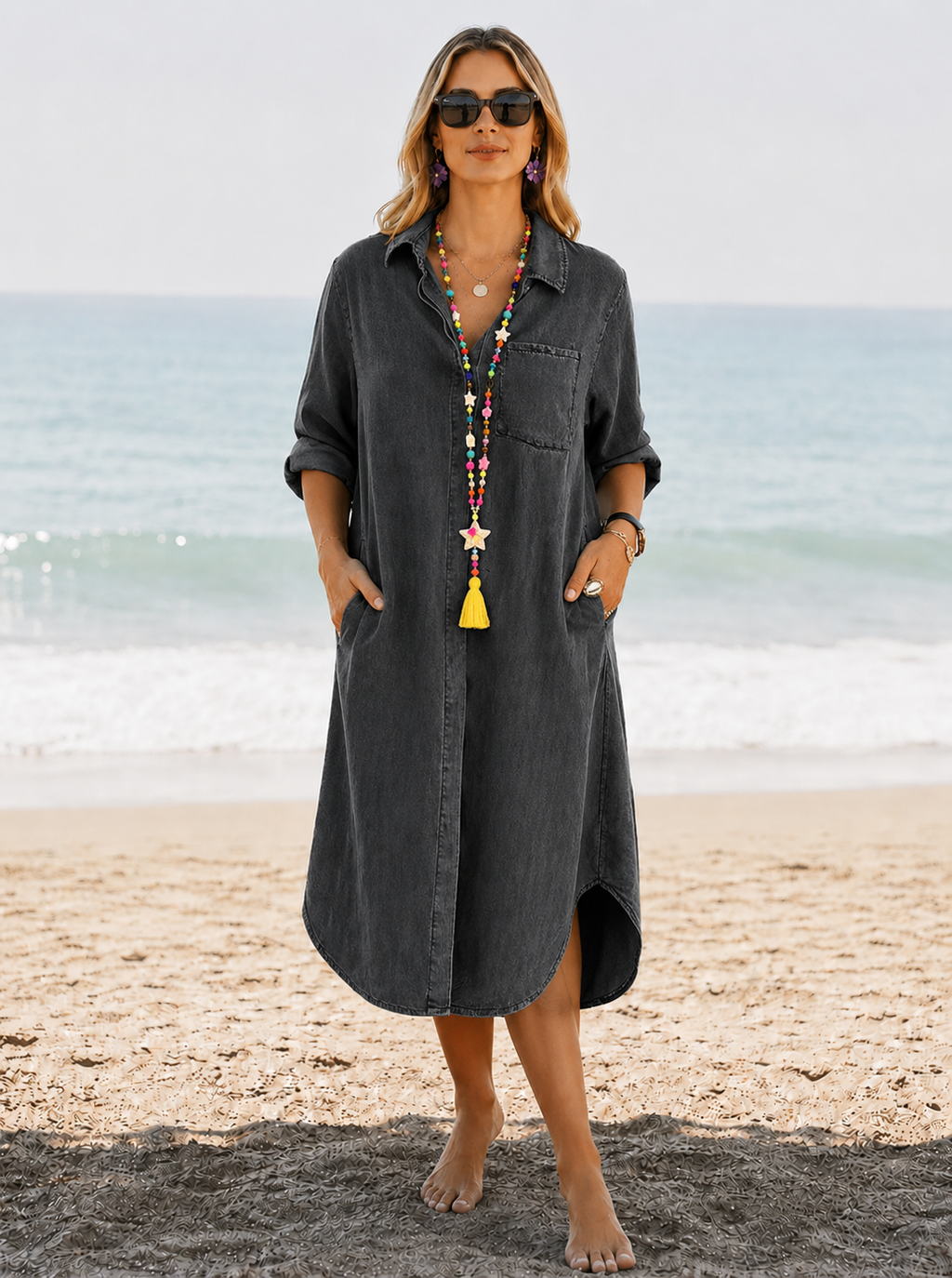 Martina | Women's Pocket Turn Down Collar Denim Midi Dress