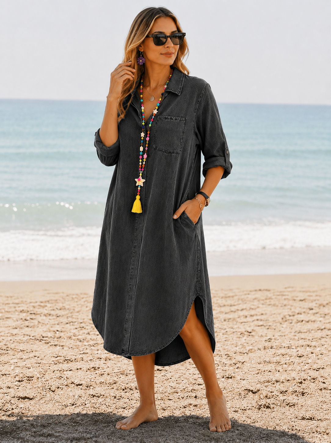 Martina | Women's Pocket Turn Down Collar Denim Midi Dress