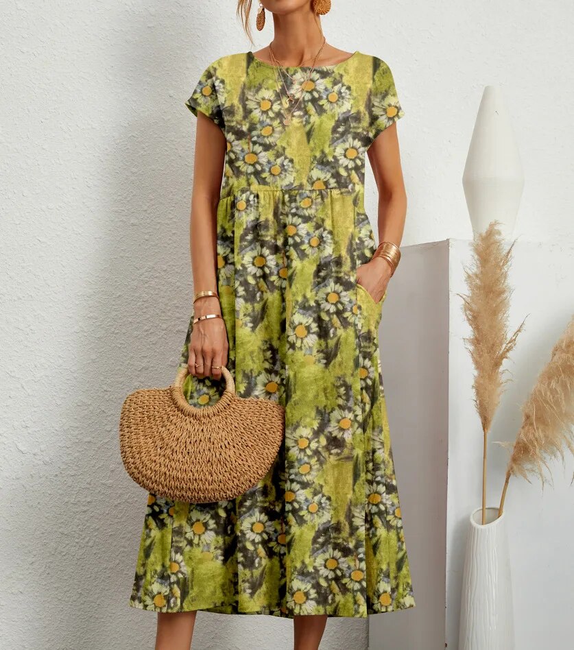 Maryrose | Women's Printed Boat Neck Short Sleeve Midi Dress
