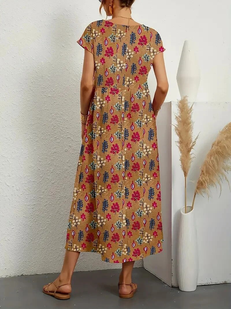 Maryrose | Women's Printed Boat Neck Short Sleeve Midi Dress