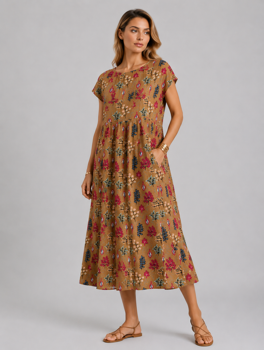 Maryrose | Women's Printed Boat Neck Short Sleeve Midi Dress