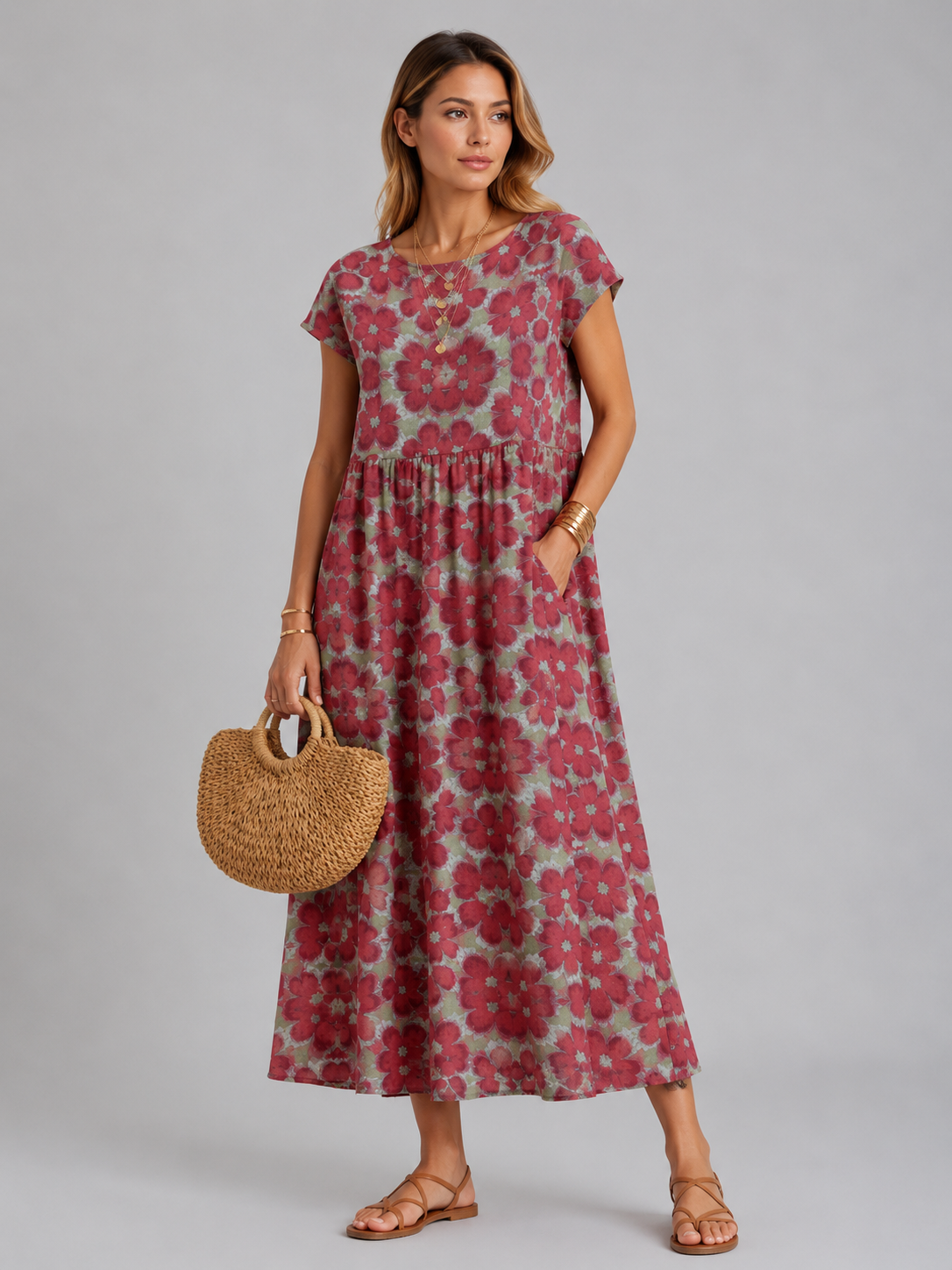 Maryrose | Women's Printed Boat Neck Short Sleeve Midi Dress