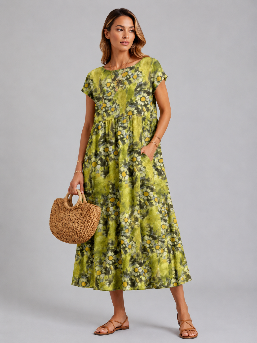 Maryrose | Women's Printed Boat Neck Short Sleeve Midi Dress