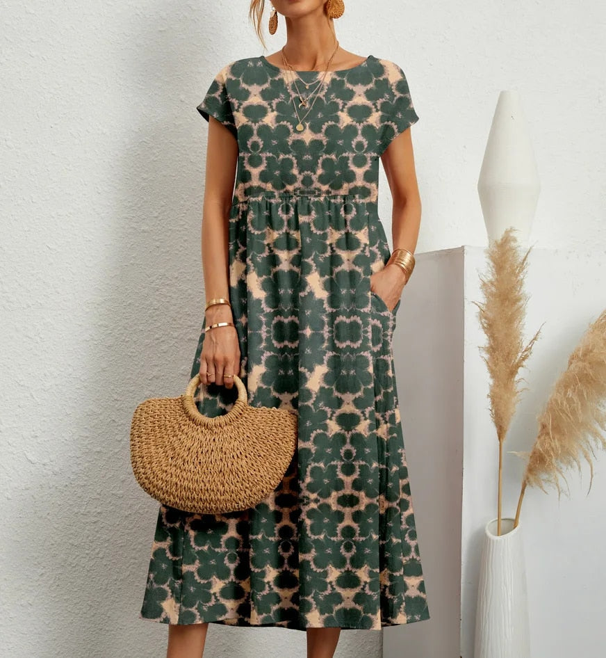Maryrose | Women's Printed Boat Neck Short Sleeve Midi Dress
