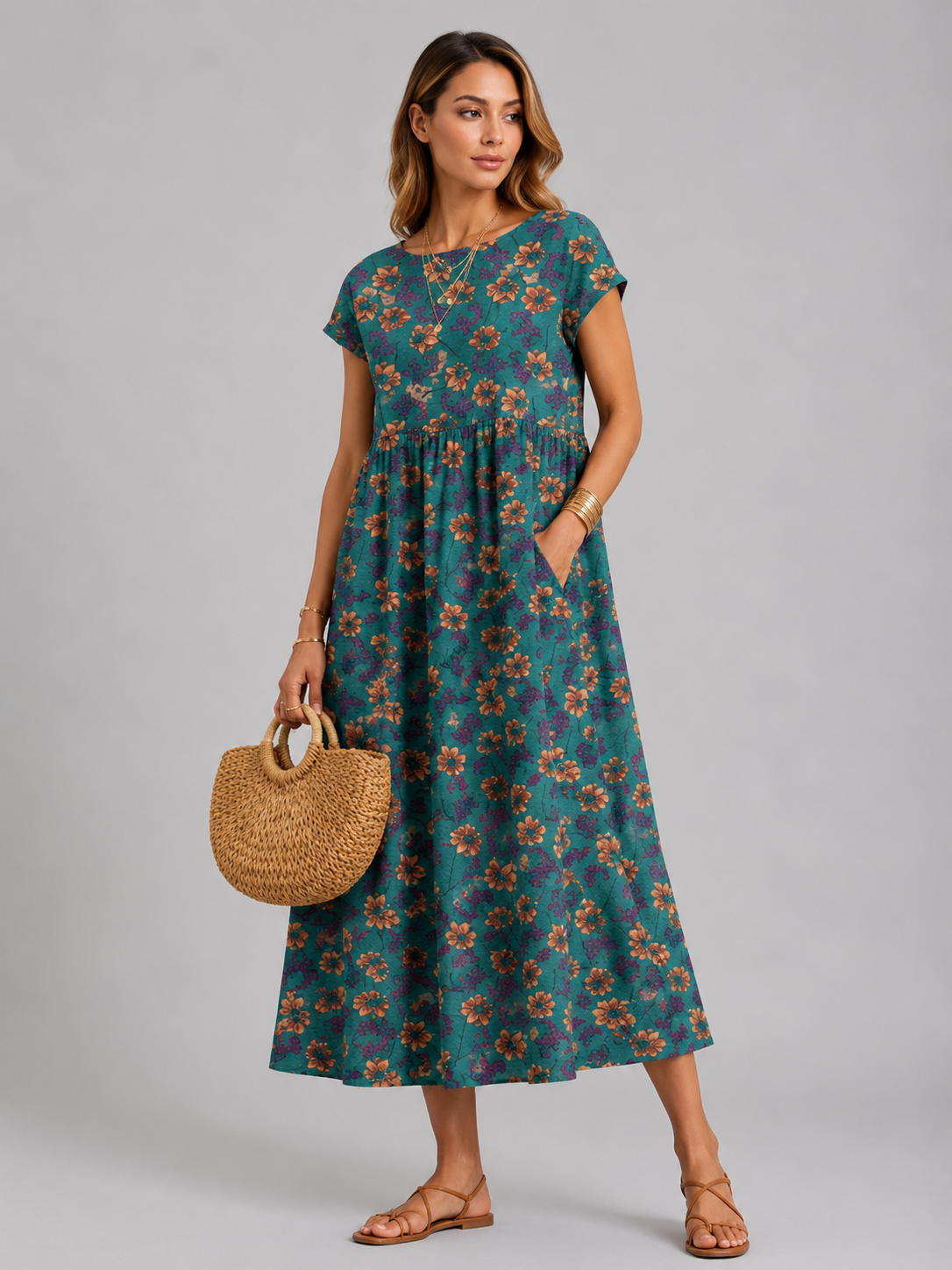 Maryrose | Women's Printed Boat Neck Short Sleeve Midi Dress