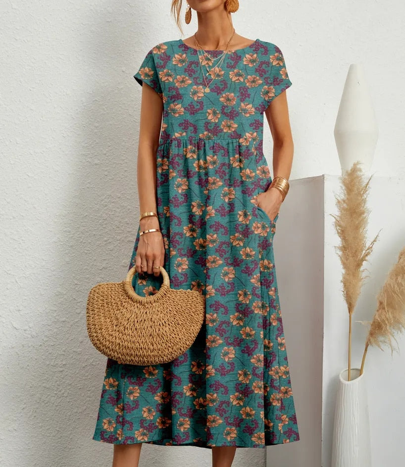 Maryrose | Women's Printed Boat Neck Short Sleeve Midi Dress